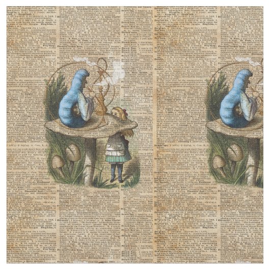 アリス、きのこおよびジンのヴィンテージ辞書の芸術 ファブリック (クローズアップ)