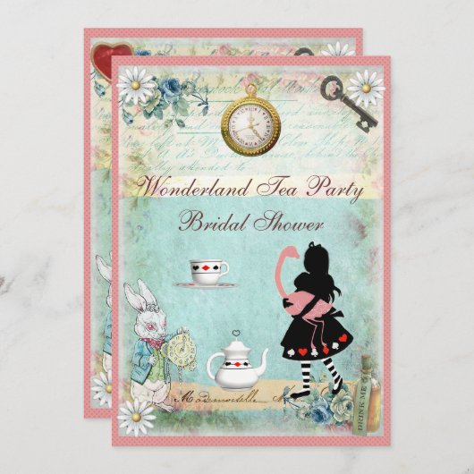 アリス&ピンクフラミンゴブライダルシャワーティーパーティー 招待状 (正面/裏面)