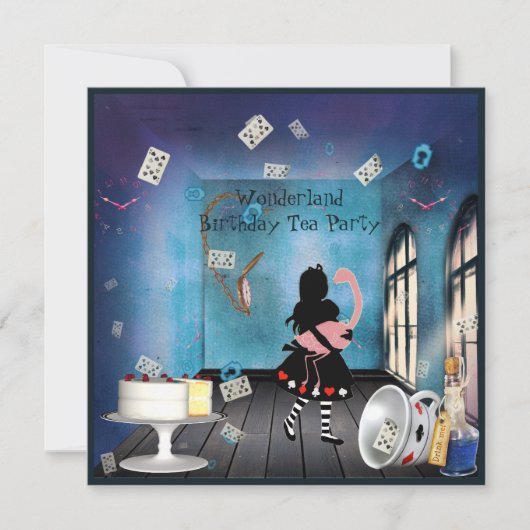 アリス&ピンクフラミンゴワンダーランド誕生日パーティー 招待状 (正面)