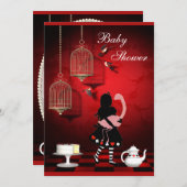 アリス&フラミンゴの鳥とかごのベビーシャワー 招待状 (正面/裏面)