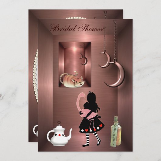 アリス、フラミンゴ及びチェシャー猫のブライダルシャワー 招待状 (正面/裏面)