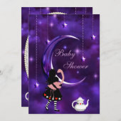 アリス&フラミンゴ紫の月のベビーシャワー 招待状 (正面/裏面)