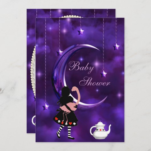 アリス&フラミンゴ紫の月のベビーシャワー 招待状 (正面/裏面)