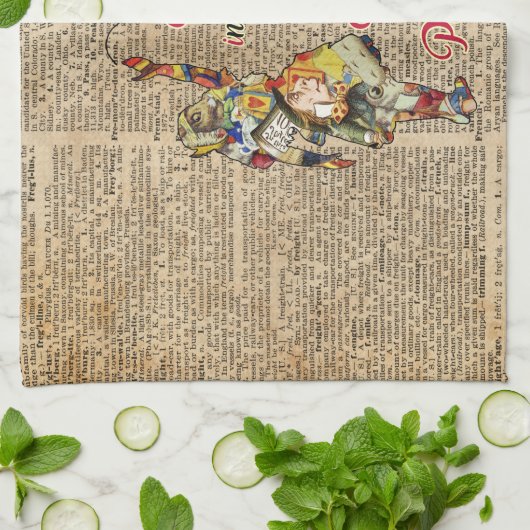 アリス、不機嫌ハッタ&ラビットヴィンテージコラージュ引用文 キッチンタオル (折り畳み)