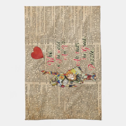 アリス、不機嫌ハッタ&ラビットヴィンテージコラージュ引用文 キッチンタオル (縦)