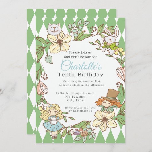 アリスinワンダーランドパーソナライズされたパーティー 招待状 (正面/裏面)