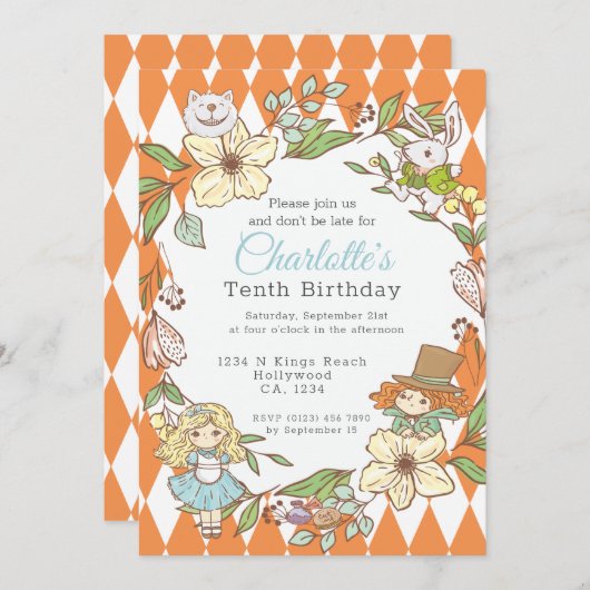 アリスinワンダーランドパーソナライズされたパーティー 招待状 (正面/裏面)