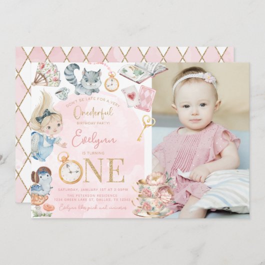 アリスinワンダーランド1stバースデーティーパーティー 招待状 (正面/裏面)