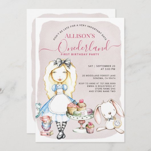 アリソンのオネダーランド茶パーティーガールの1歳 招待状 (正面/裏面)