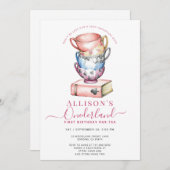 アリソン・オネダーランド・ガールのパー・ティー1歳の誕生日 招待状 (正面/裏面)