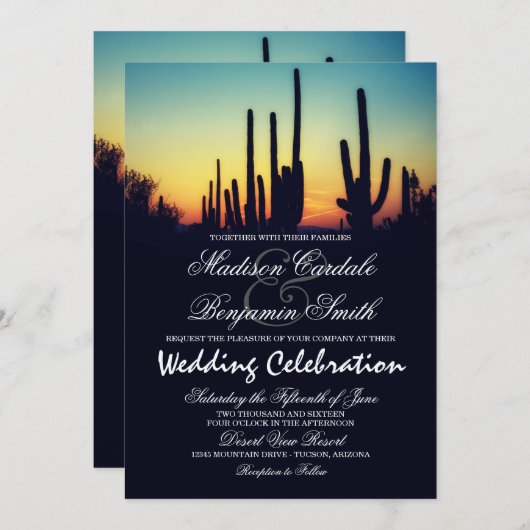 アリゾナのサグアロのサボテンの日没の結婚式招待状 招待状 (正面/裏面)