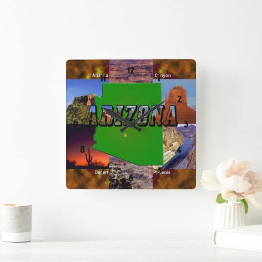 アリゾナの地図と写真文字 スクエア壁時計 (ホーム)