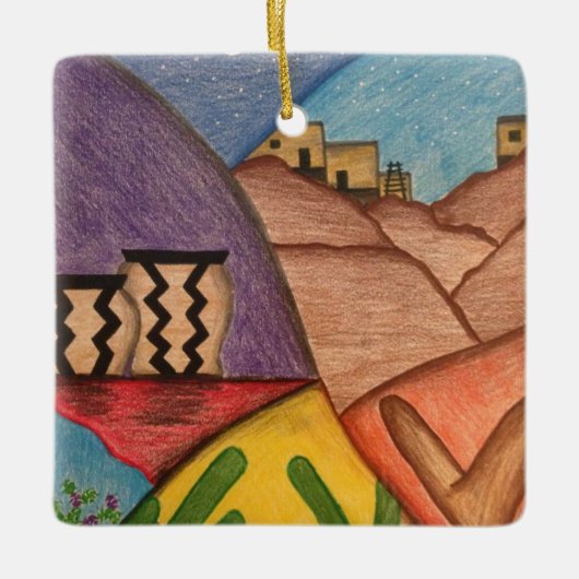 アリゾナカラフルデザートクリスマスフォークアート セラミックオーナメント (正面)