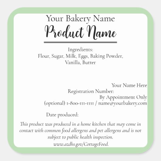 アリゾナコテージフードビジネスグリーンベーキングラベル スクエアシール (正面)