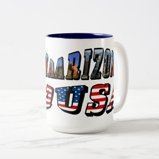 アリゾナ写真と米国国旗の文字 ツートーンマグカップ (正面右)