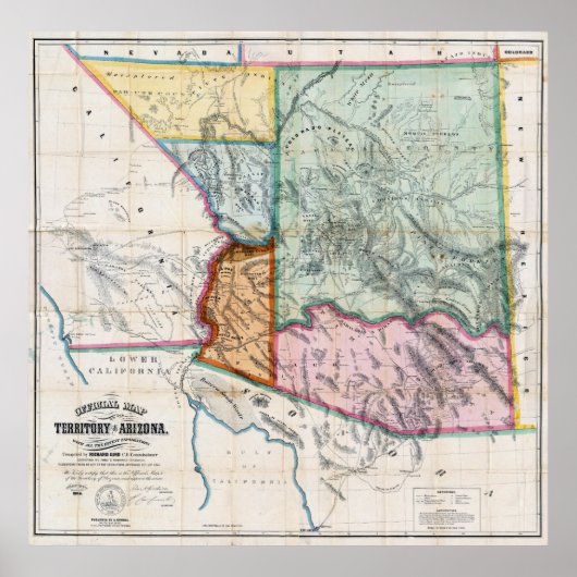 アリゾナ州の地図1865 ポスター (正面)