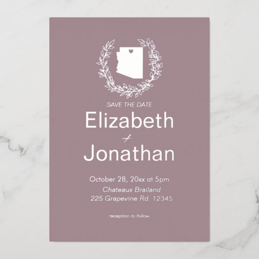 アリゾナ州デスティネーションウェディングシルバー 箔招待状 (正面)