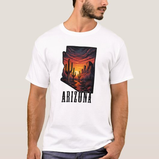 アリゾナ州 タトゥースタイル 砂漠の夕日 サボテン Tシャツ (正面)