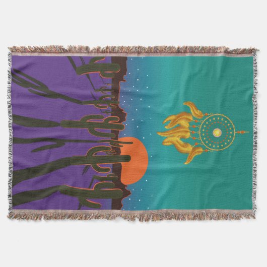 アリゾナ砂漠アットナイトと金ゴールドドリームキャッチャー スローブランケット (正面)