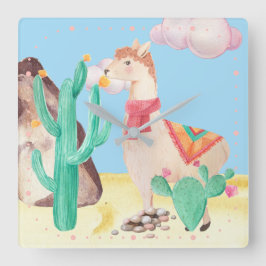 アリゾナ砂漠 ラマ サボテンの花 自然 スクエア壁時計