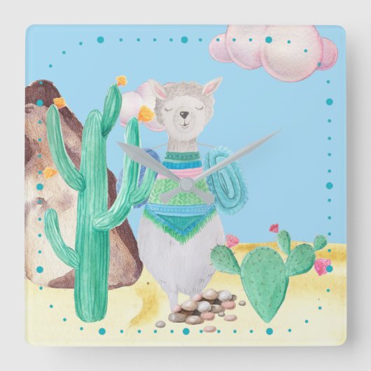 アリゾナ砂漠 ラマ サボテンの花 自然 スクエア壁時計 (正面)