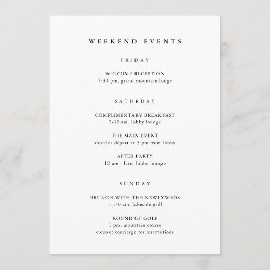 アリゾナ結婚のウェルカムレター&旅程 (裏面)