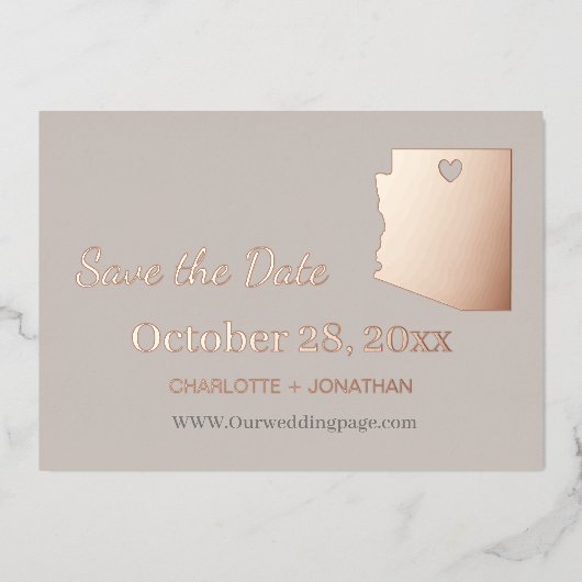 アリゾナ 結婚式 Save The Date ローズゴールド 箔招待状 (正面)