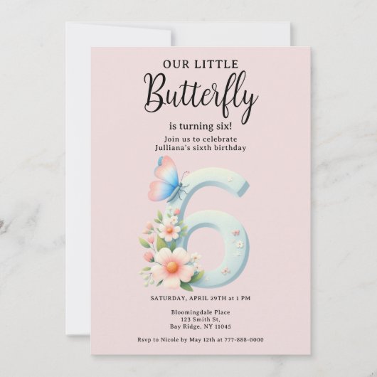 アリトルバタフライ6番目の誕生日かわいい番号フォント 招待状 (正面)