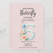 アリトルバタフライ6番目の誕生日かわいい番号フォント 招待状 (正面/裏面)