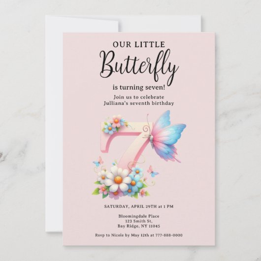 アリトルバタフライ7番目の誕生日かわいい番号フォント 招待状 (正面)