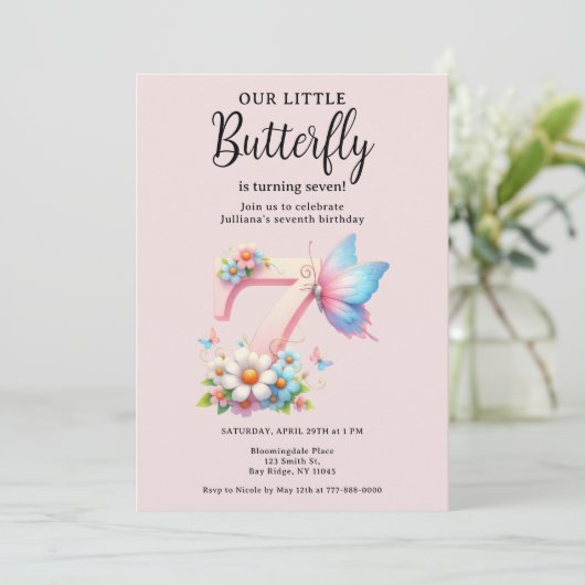 アリトルバタフライ7番目の誕生日かわいい番号フォント 招待状 (スタンド正面)