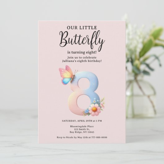アリトルバタフライ8番目の誕生日かわいい番号フォント 招待状 (スタンド正面)