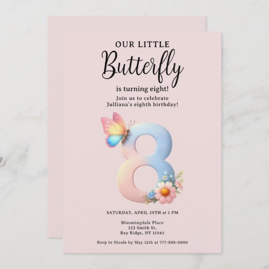 アリトルバタフライ8番目の誕生日かわいい番号フォント 招待状 (正面/裏面)