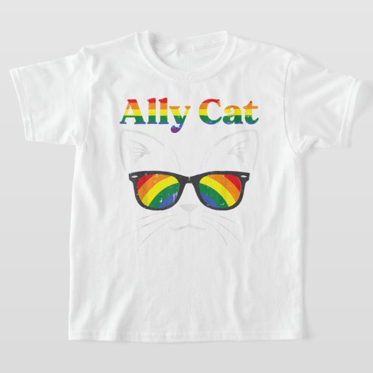 アリーキャットサングラスゲイレインボープライドLGBTサポート Tシャツ (レイダウン)