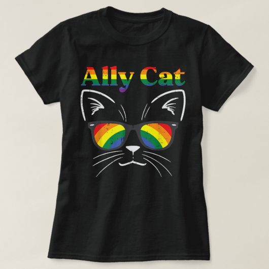 アリーキャットサングラスゲイレインボープライドLGBTサポート Tシャツ (デザイン正面)