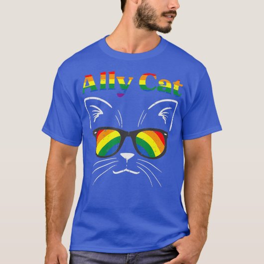 アリーキャットサングラスゲイレインボープライドLGBTメンズ Tシャツ (正面)