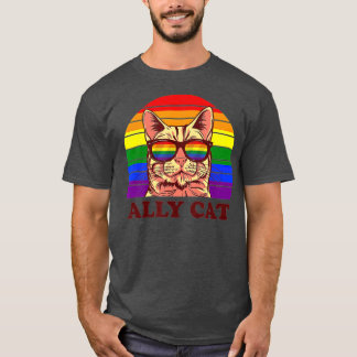 アリーキャットレインボーサングラスLGBTQおもしろいゲイプライド Tシャツ