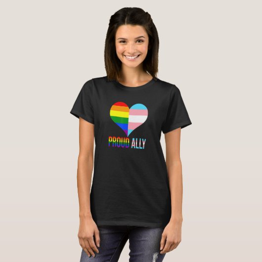 アリー誇りを持ったプライドLGBTトランスジェンダー国旗のハートゲイL Tシャツ (正面フル)