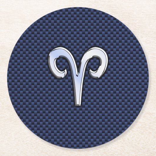 アリー〔占星術の〕十二宮図シンボルネイビーブルーカーボンファイバースタイル ラウンドペーパーコースター (正面)