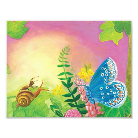 アリ、カタツムリ、チャップマンの青い蝶 フォトプリント (正面)