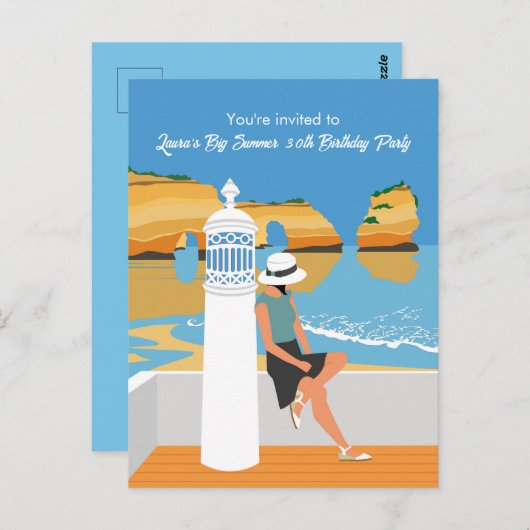 アルガルヴェのビーチガール ビッグバースデーパーティー招待状 ポストカード (正面/裏面)