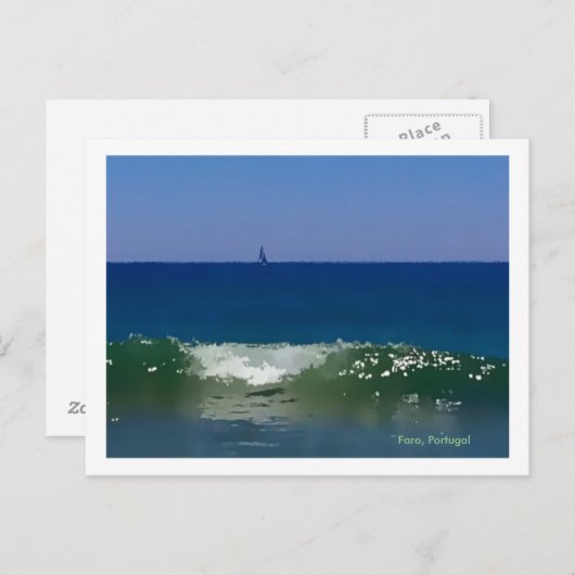 アルガーブのファロビーチでのポルトガル波と船 ポストカード (正面/裏面)