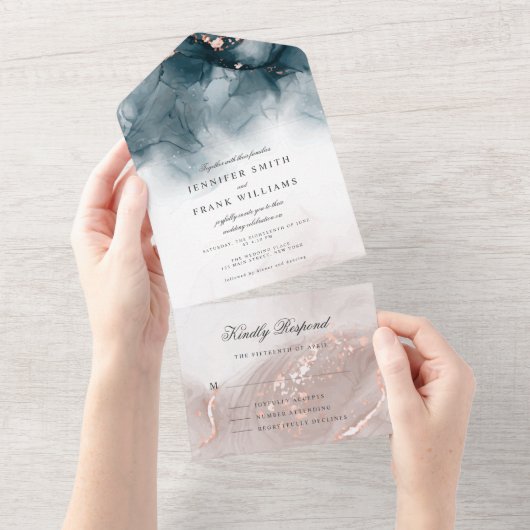 アルコエレガントーモダンルインク金ゴールド赤面ブルーミニマル オールインワン招待状 (貼ってはがせる)