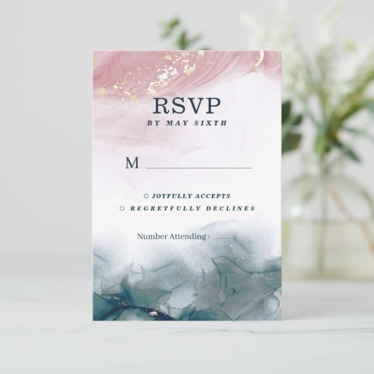 アルコエレガントールインク赤面ブルーウォーター色モダン 出欠カード (スタンド正面)