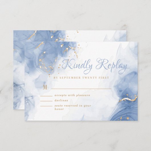 アルコエレガントールインク金ゴールド青ミニマル白 出欠カード (正面/裏面)