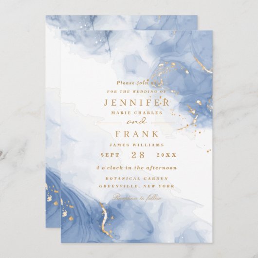 アルコエレガントールインク金ゴールド青ミニマル白 招待状 (正面/裏面)