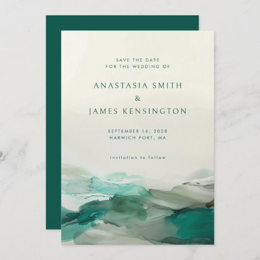 アルコモダンールインクグリーン抽象芸術結婚ズ セーブザデート (正面/裏面)