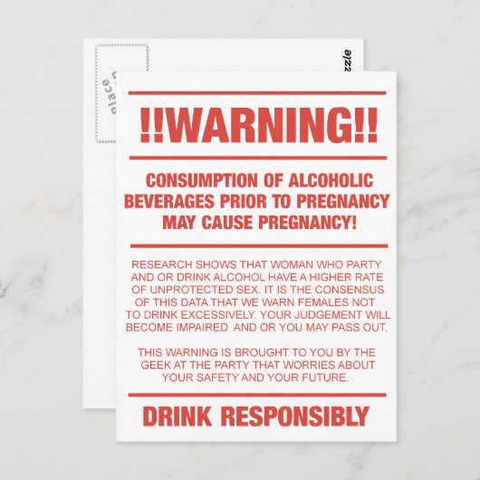 アルコールおもしろいと妊娠警告の ポストカード (正面/裏面)