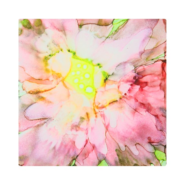 アルコールインクのピンク色の花 メタルプリント (正面)