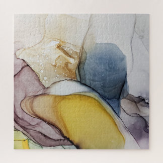 アルコールインクの渦巻き、黄色の濃淡、抽象芸術。 ジグソーパズル